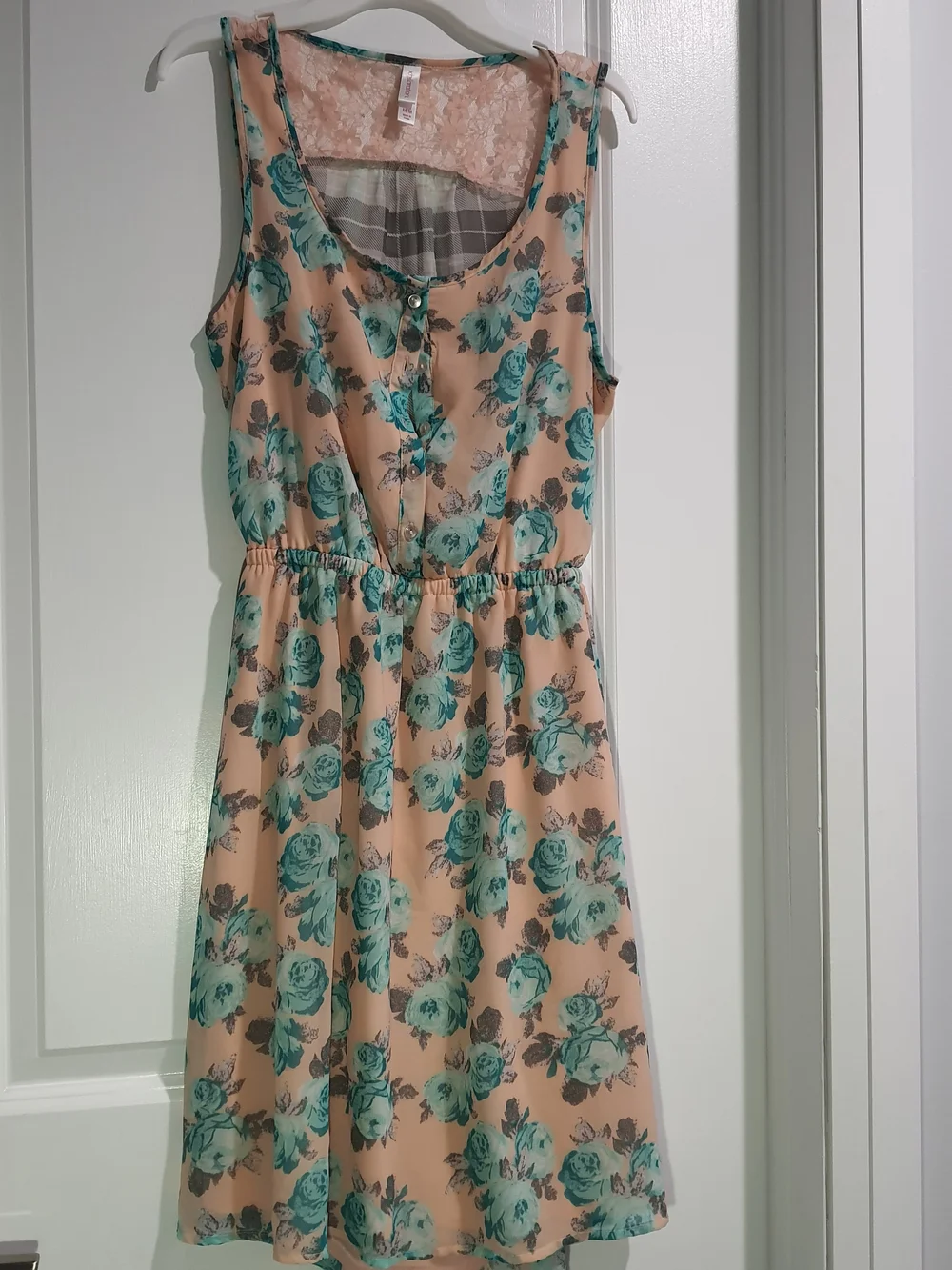 Peach Floral Sleeveless Open-Back Dress with Turquoise Roses - Picture 3 of 7